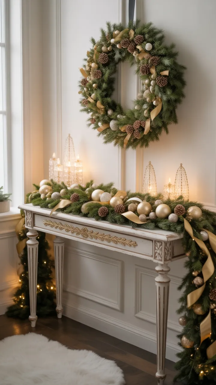 Gilded Holiday Welcome – Elegant White and Gold Christmas Entryway