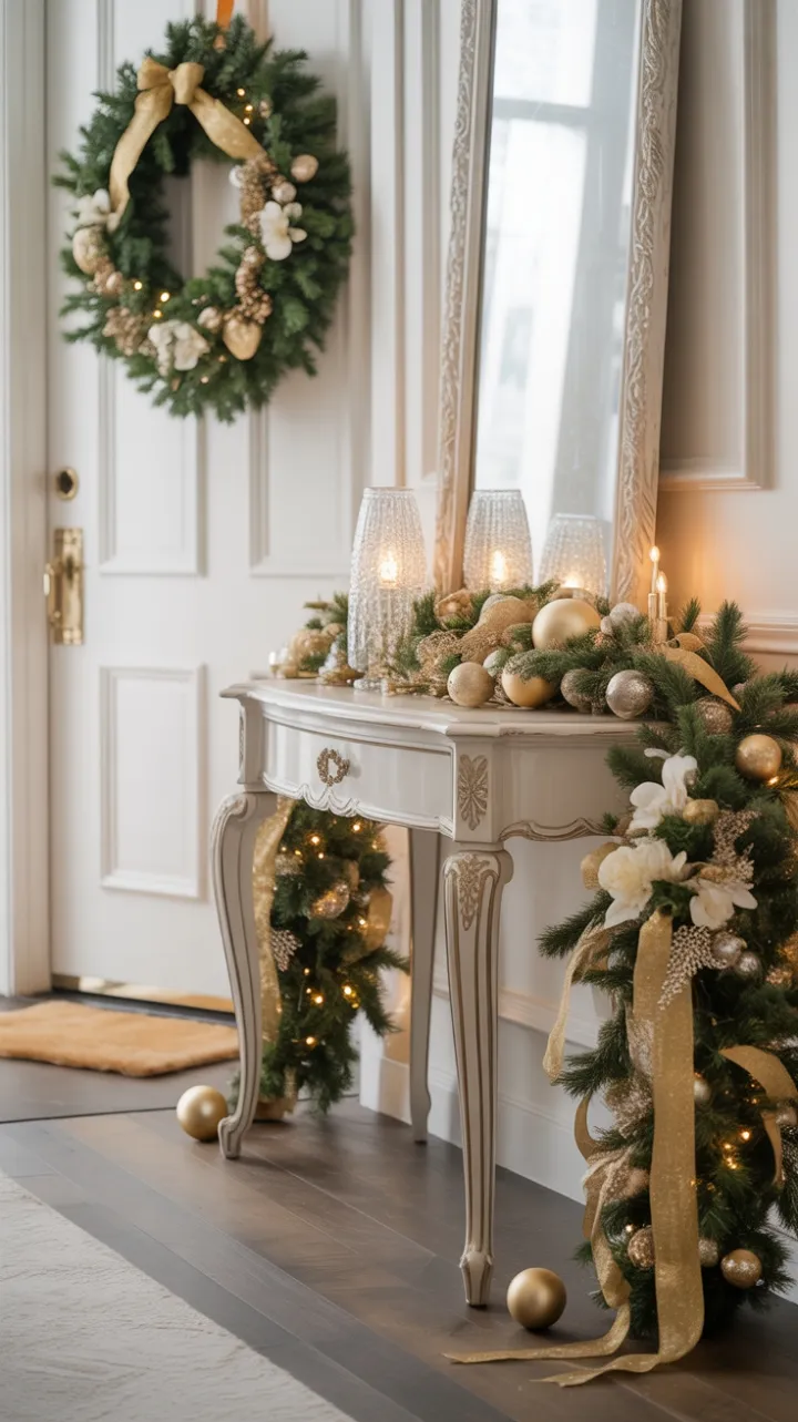 Gilded Holiday Welcome in an Elegant White Entryway