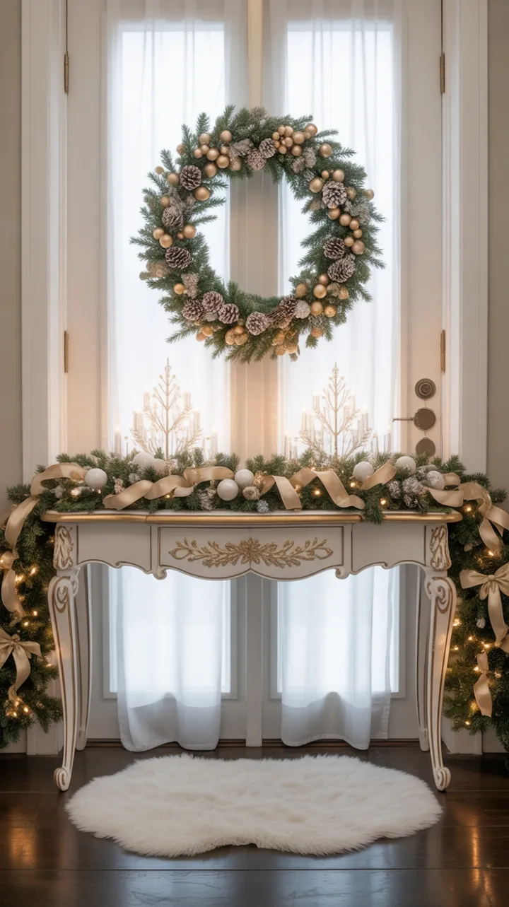 Gilded Holiday Welcome with Crystal Console and Frosted Wreath