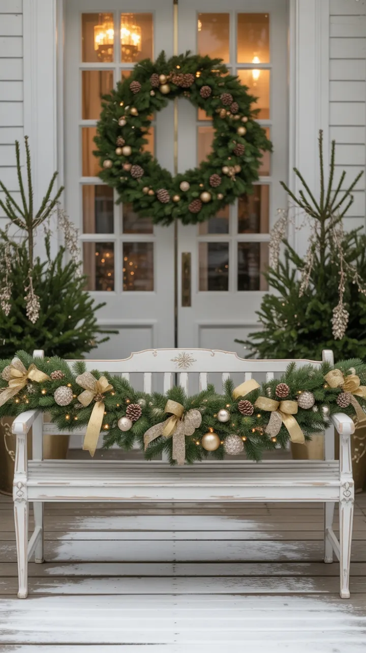 Gilded Holiday Welcome on a Snow-Kissed Porch