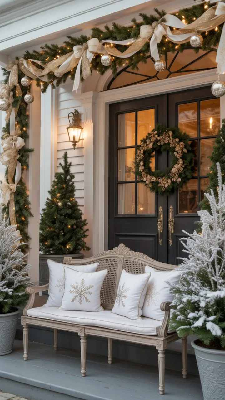 Elegant White and Gold Christmas Porch with a Warm, Inviting Glow