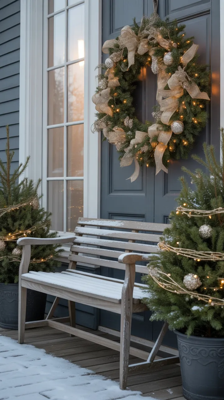Snow-Kissed Bench Beneath a Golden Wreath – A Warm Holiday Welcome