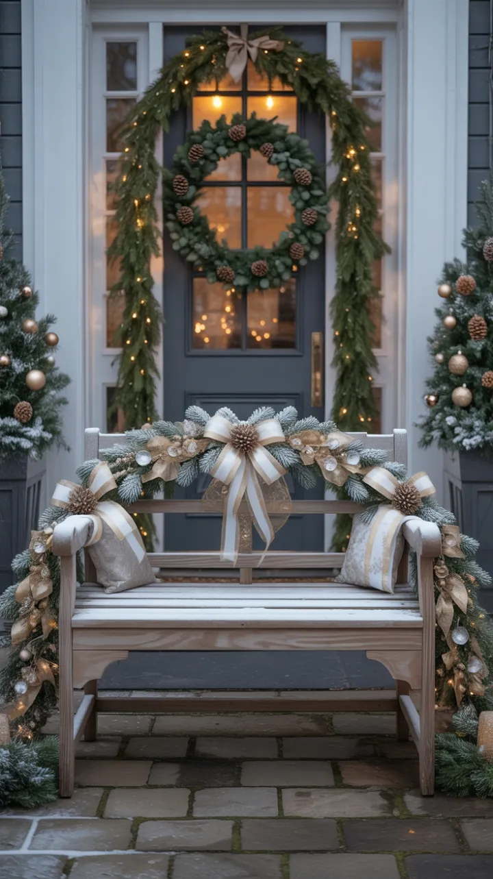 Twilight Elegance – Gold and White Christmas Porch