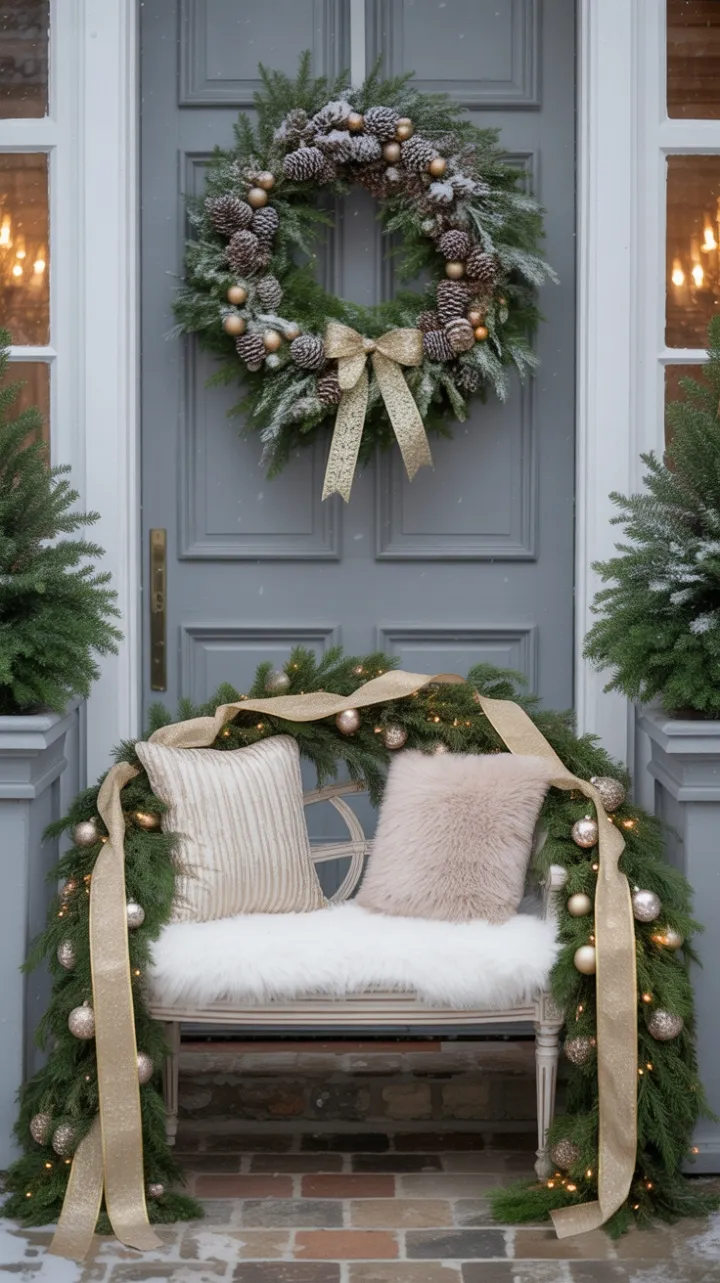 Gilded Holiday Welcome on a Snow-Kissed Porch