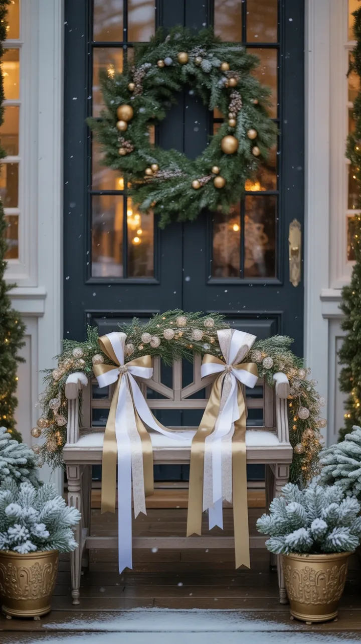 Gilded Holiday Welcome on a Snow-Kissed Front Porch