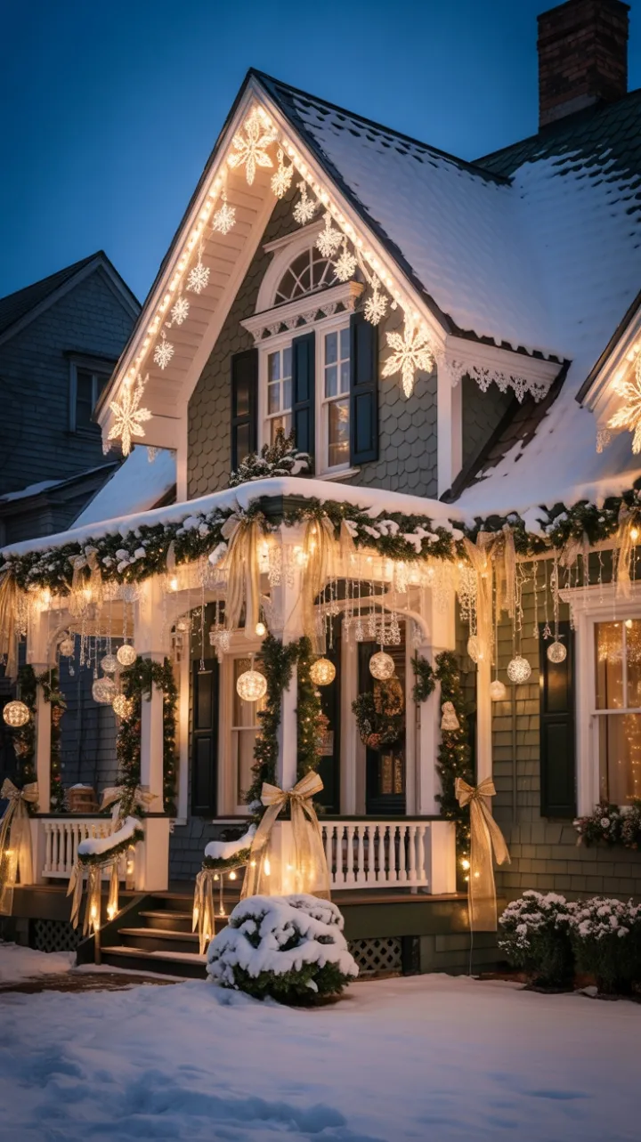 Snow-Kissed Victorian Bathed in White and Gold Holiday Glow