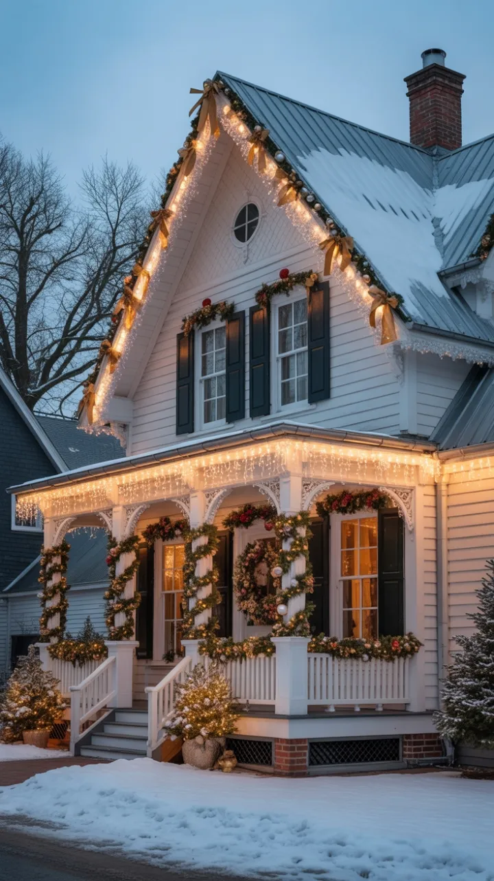 Snow-Kissed Victorian Dressed in Gold and Twinkling Christmas Lights