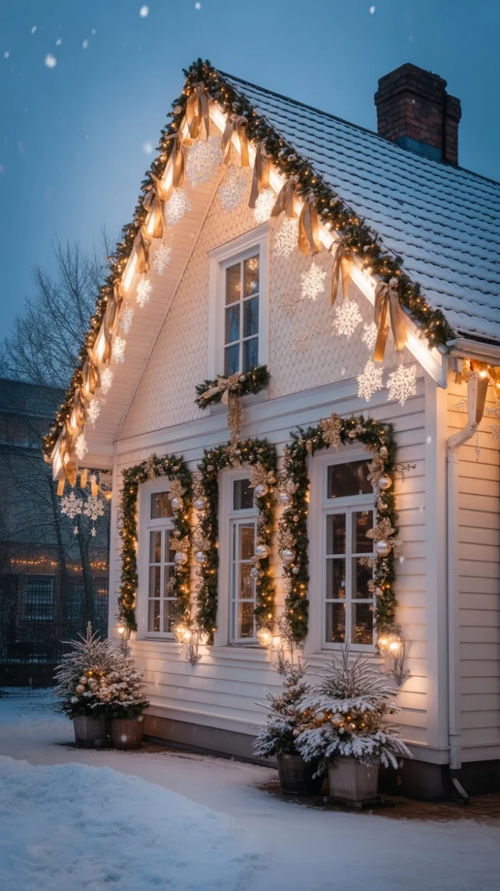 Victorian House Dressed in Golden Lights and Falling Snow