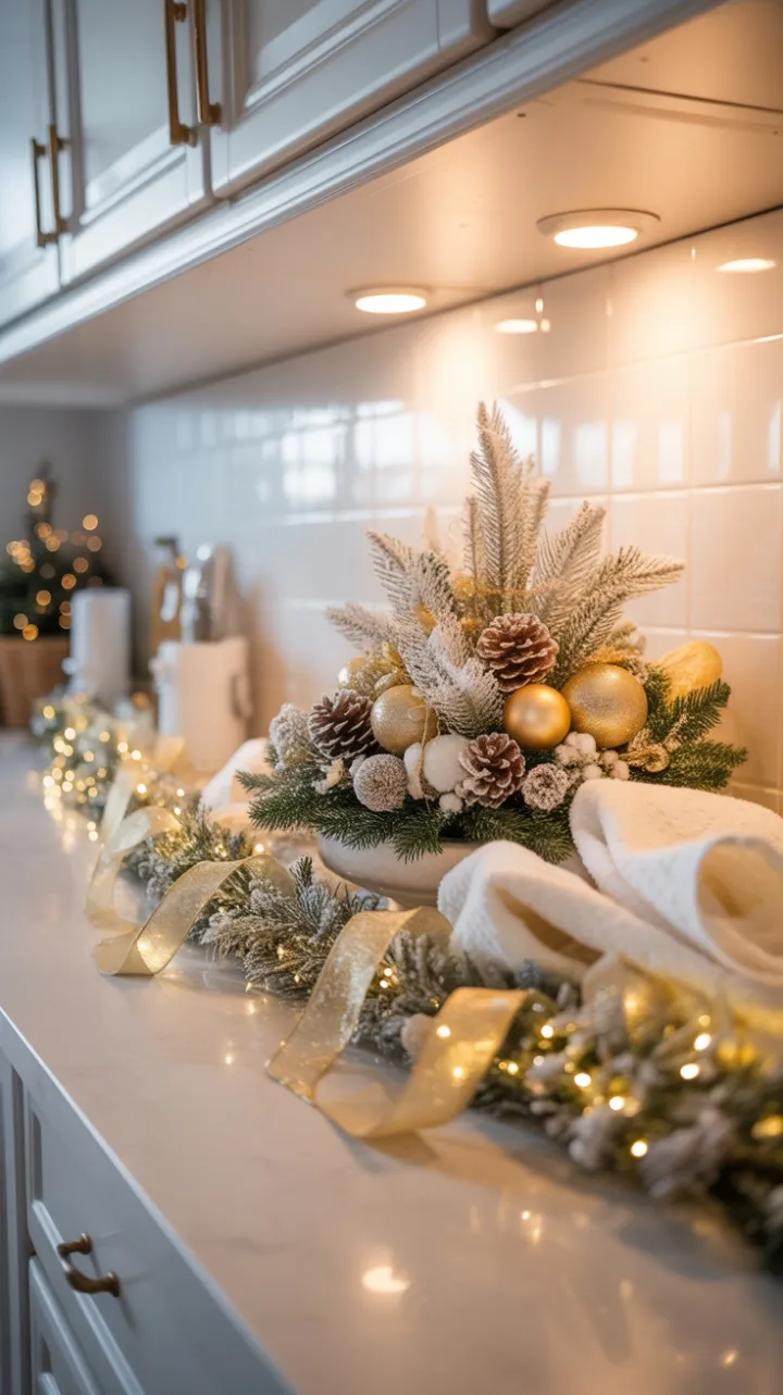 Gilded Holiday Glow on an Elegant White Kitchen Countertop