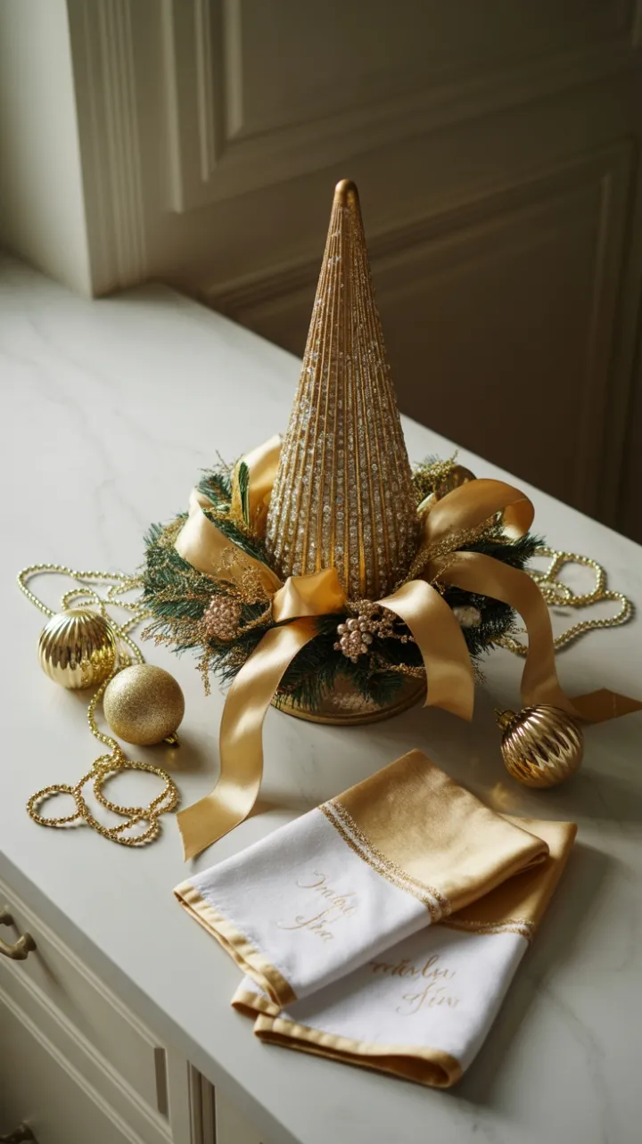 Gilded Christmas Elegance on a Marble Kitchen Countertop
