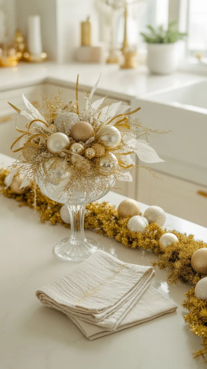 Shimmering Gold Holiday Elegance on a Winter-White Kitchen Counter