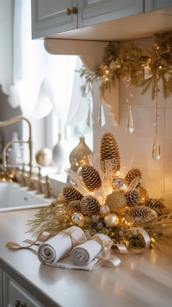 Warm Golden Holiday Kitchen with Elegant Pinecone Centerpiece