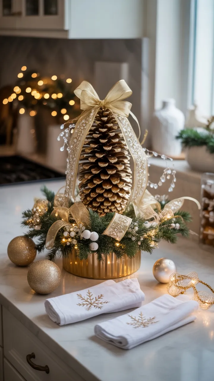 Gilded Pinecone Holiday Glow on an Elegant Christmas Countertop