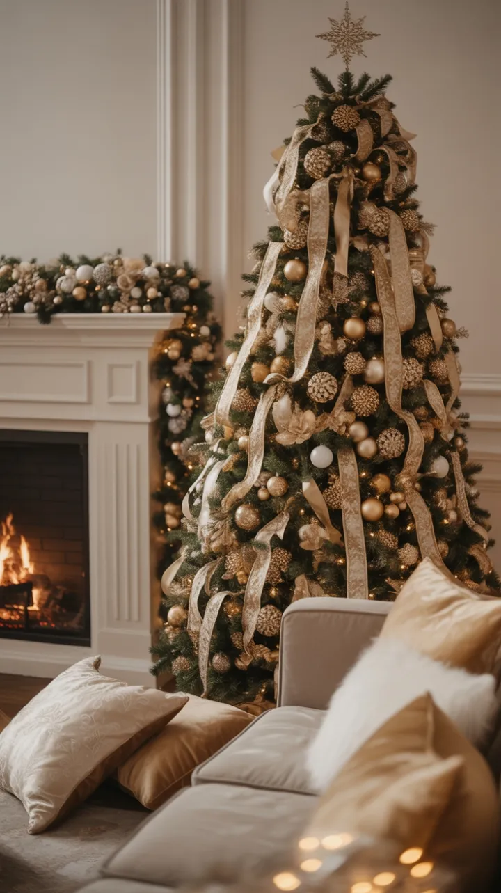 Gilded Holiday Glow with Crystal-Adorned Tree and Velvet Hearth