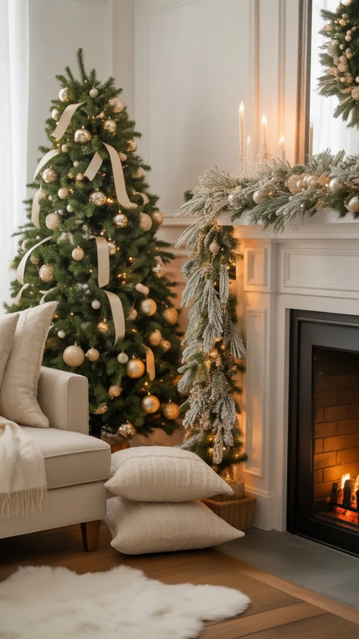 Fireside Elegance in a Gold and White Holiday Retreat