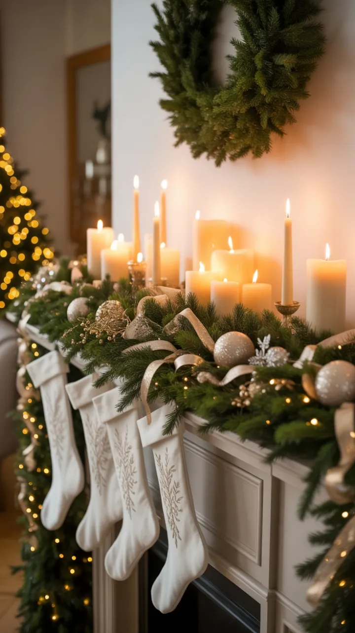 Candlelit Evergreen Garland on an Elegant Christmas Mantel