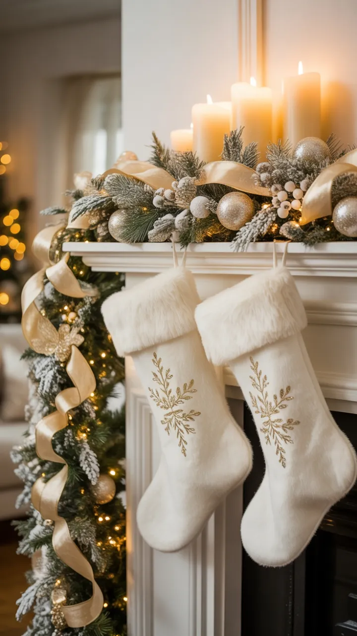 White &#038; Gold Holiday Elegance on a Frosted Mantel