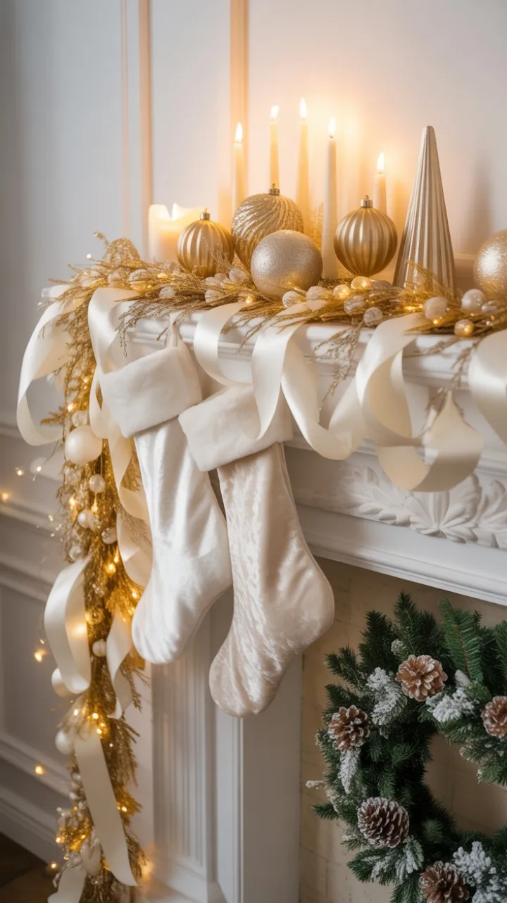 Elegant White and Gold Christmas Mantel Bathed in Warm Candlelight