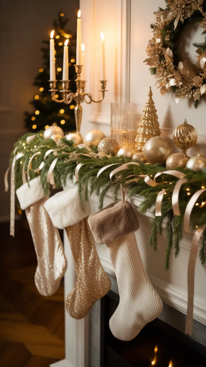 Shimmering Gold and Ivory Holiday Mantel