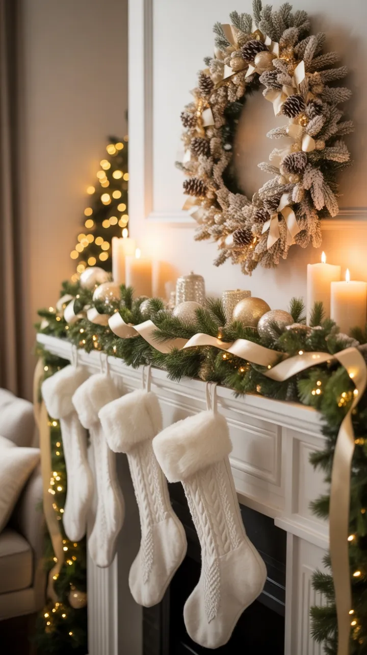 Gilded Winter Glow – Elegant Gold and White Christmas Mantel