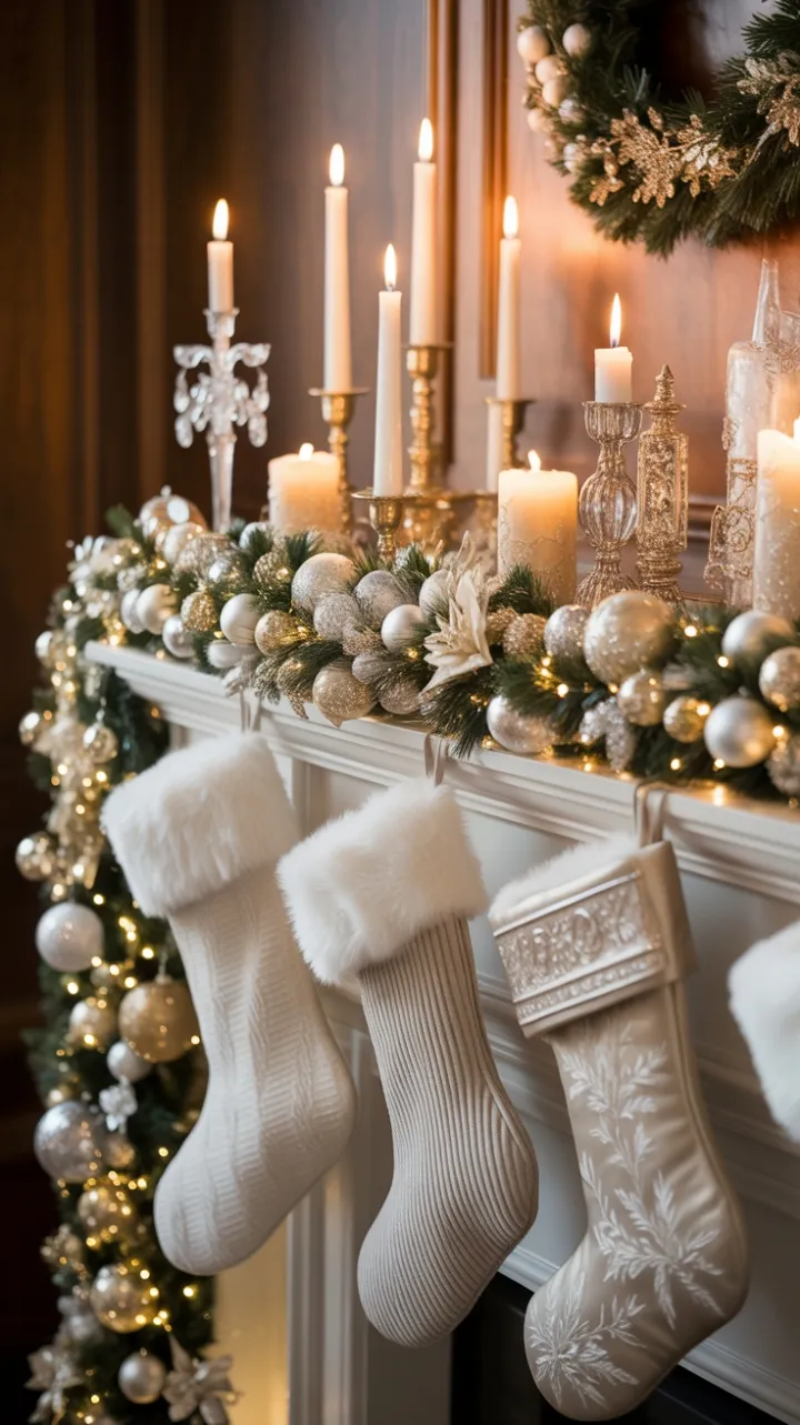 Golden Glow Mantel with Velvet Ribbons and Crystal Garland