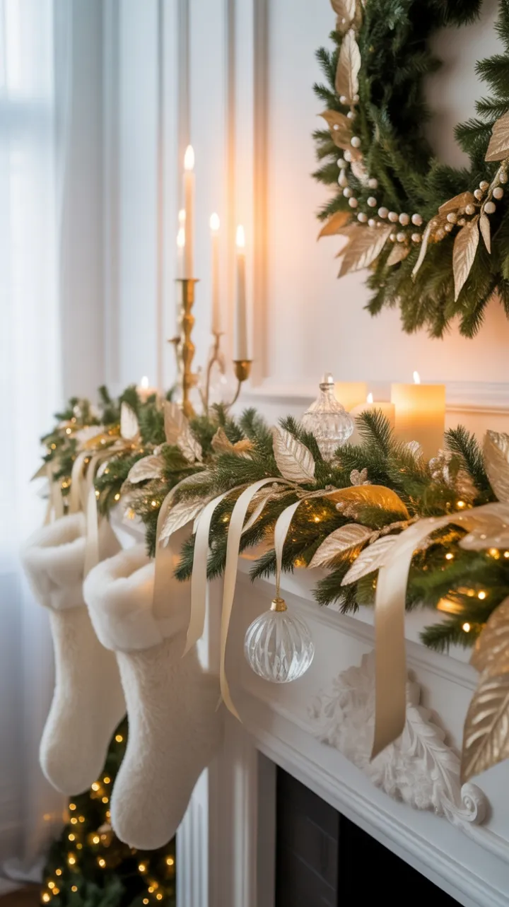 White and Gold Christmas Mantel Bathed in Candlelight
