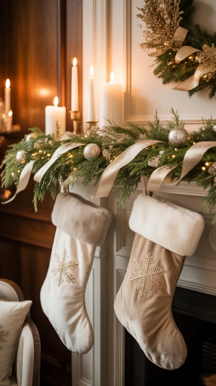 Luxe White and Gold Christmas Mantel with Velvet Stockings and Candlelit Glow