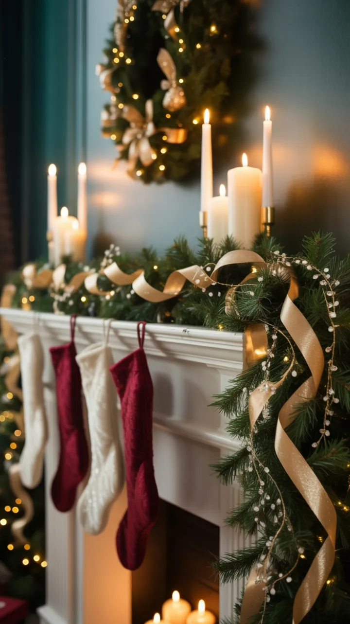 Gilded Christmas Mantel with Velvet Stockings and Crystal Garland