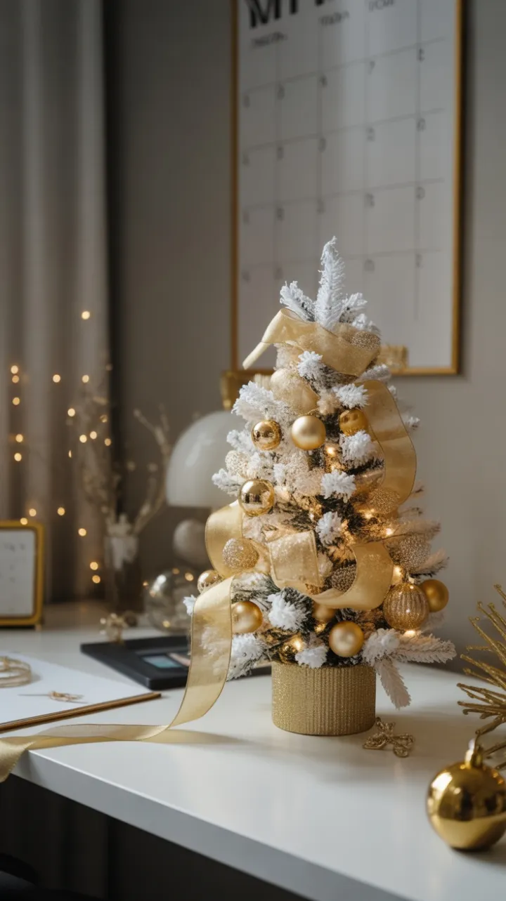 Chic White Desk Dressed for a Golden Christmas