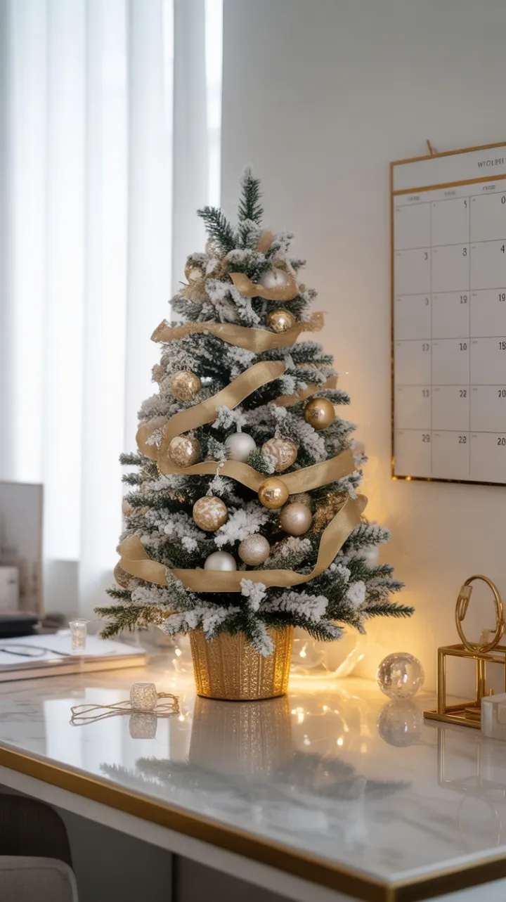 Gilded Christmas Desk with Snow-Kissed Miniature Tree