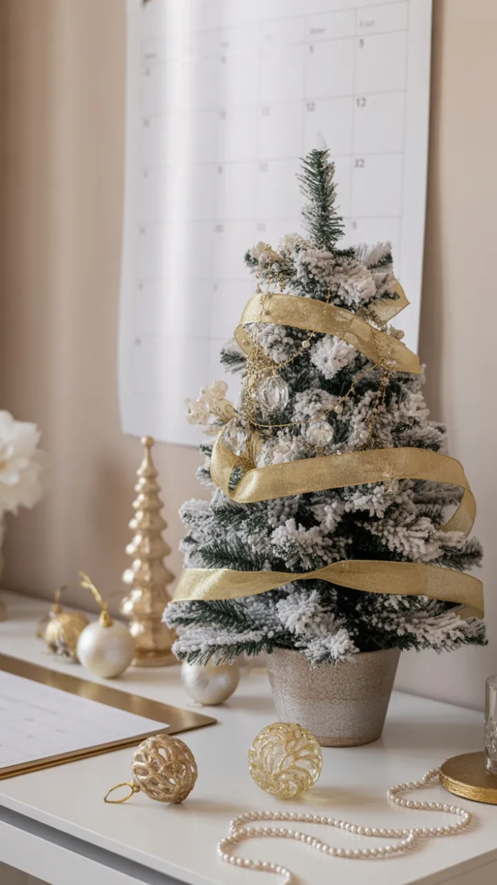 Frosted Mini Tree and Gilded Sparkle on an Elegant Holiday Desk