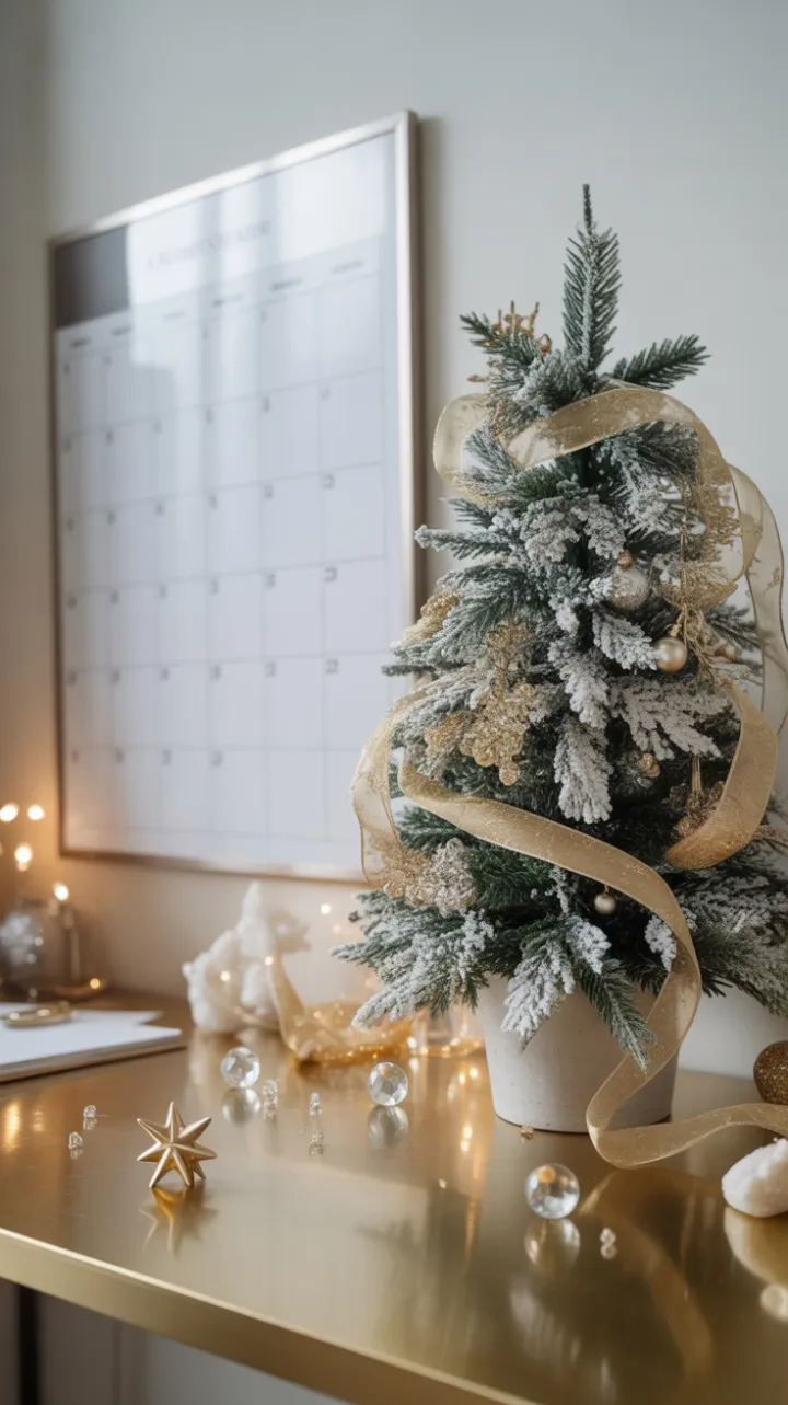 White and Gold Christmas Desk with Frosted Mini Tree and Crystal Accents