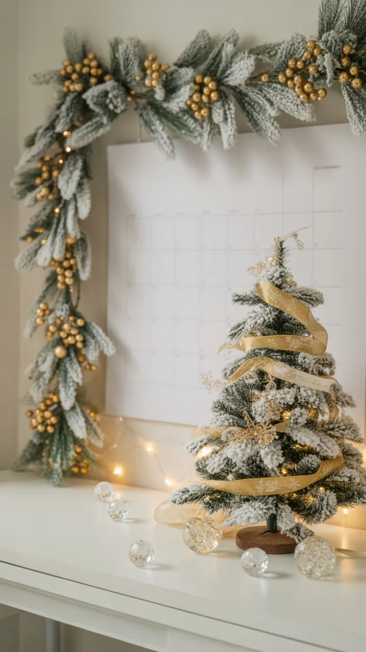 Snow-Kissed Desk with Gold Ribbon, Crystal Ornaments, and Warm Holiday Glow