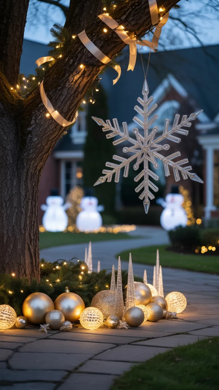 Crystal Snowflake Over a Golden Holiday Path