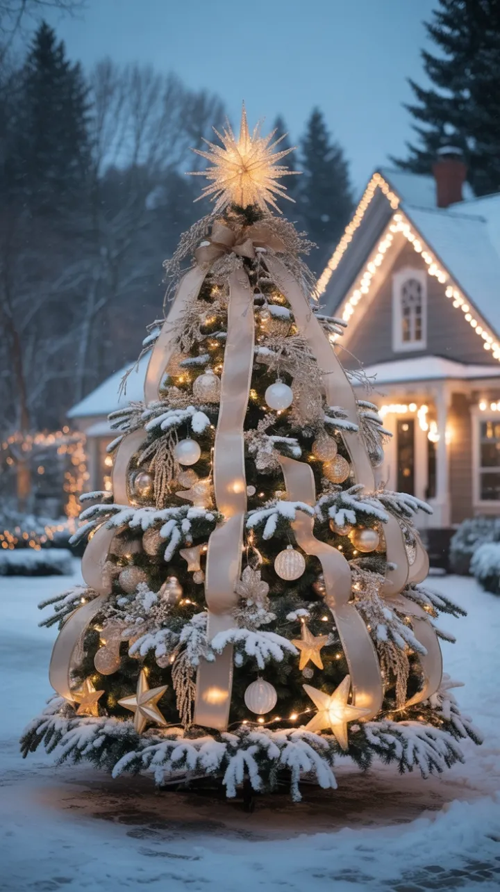 Twilight Elegance Snow-Kissed Fir Draped in Gold and Light