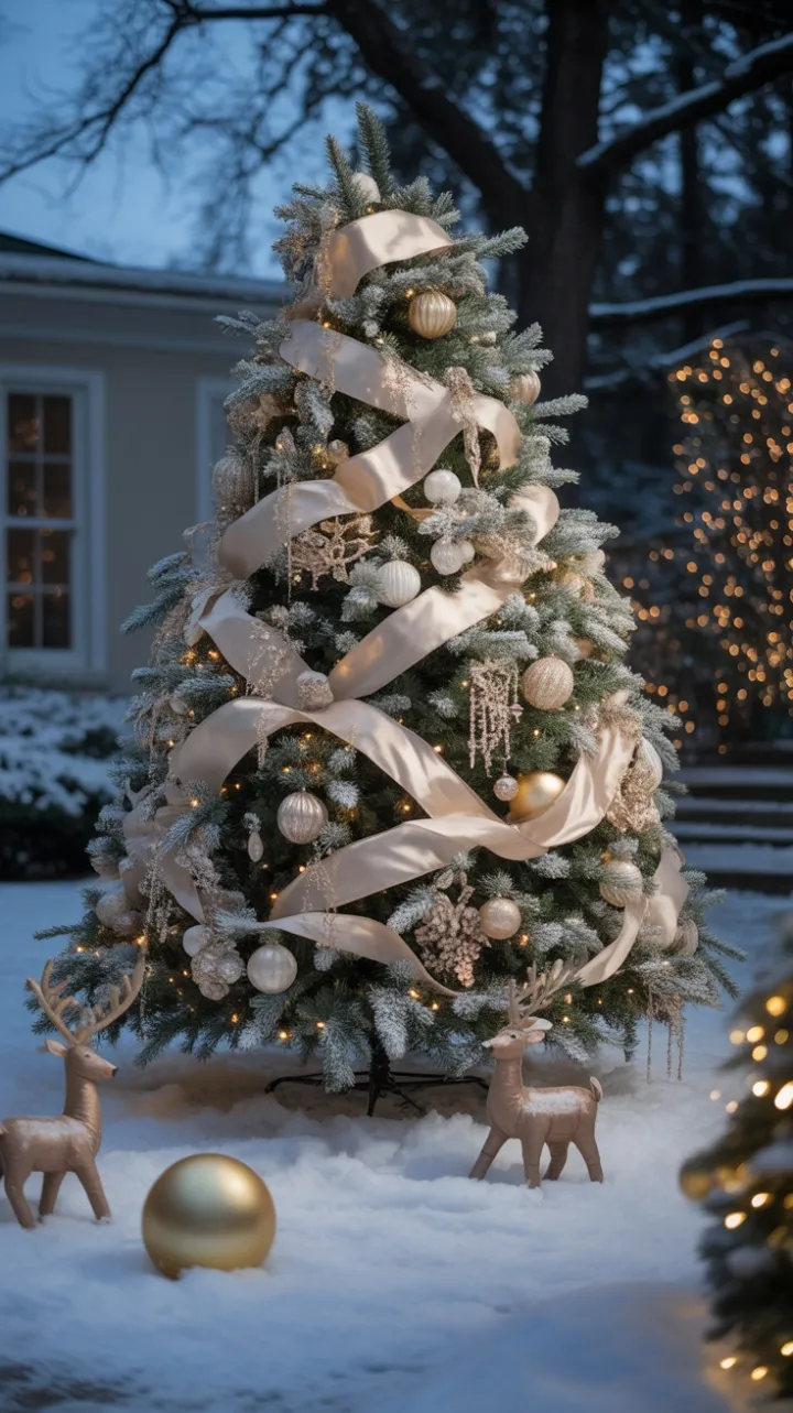 Moonlit Elegance of a Snow-Covered Fir Dressed in Gold and Light