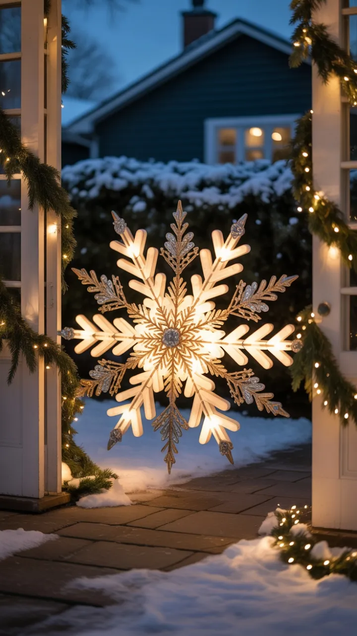 Gilded Snowflake Welcome – A Warmly Lit Winter Porch