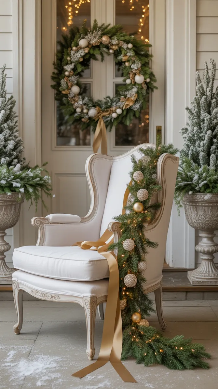 A Gilded Christmas Porch of Snow-Kissed Evergreens