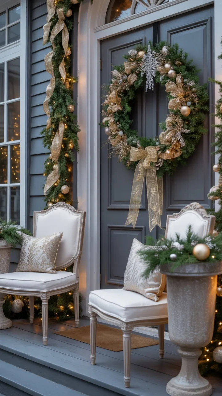 Twilight Glow on a White and Gold Holiday Porch