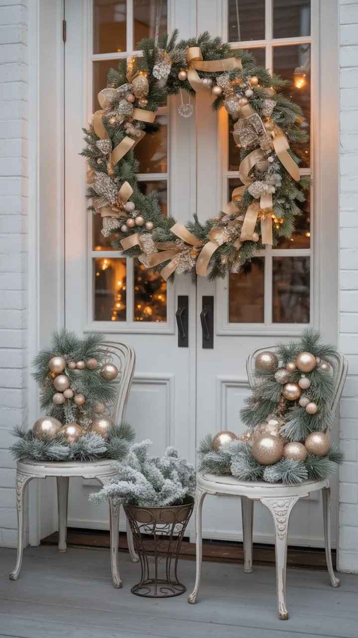 Gilded Holiday Welcome on an Elegant White and Gold Porch