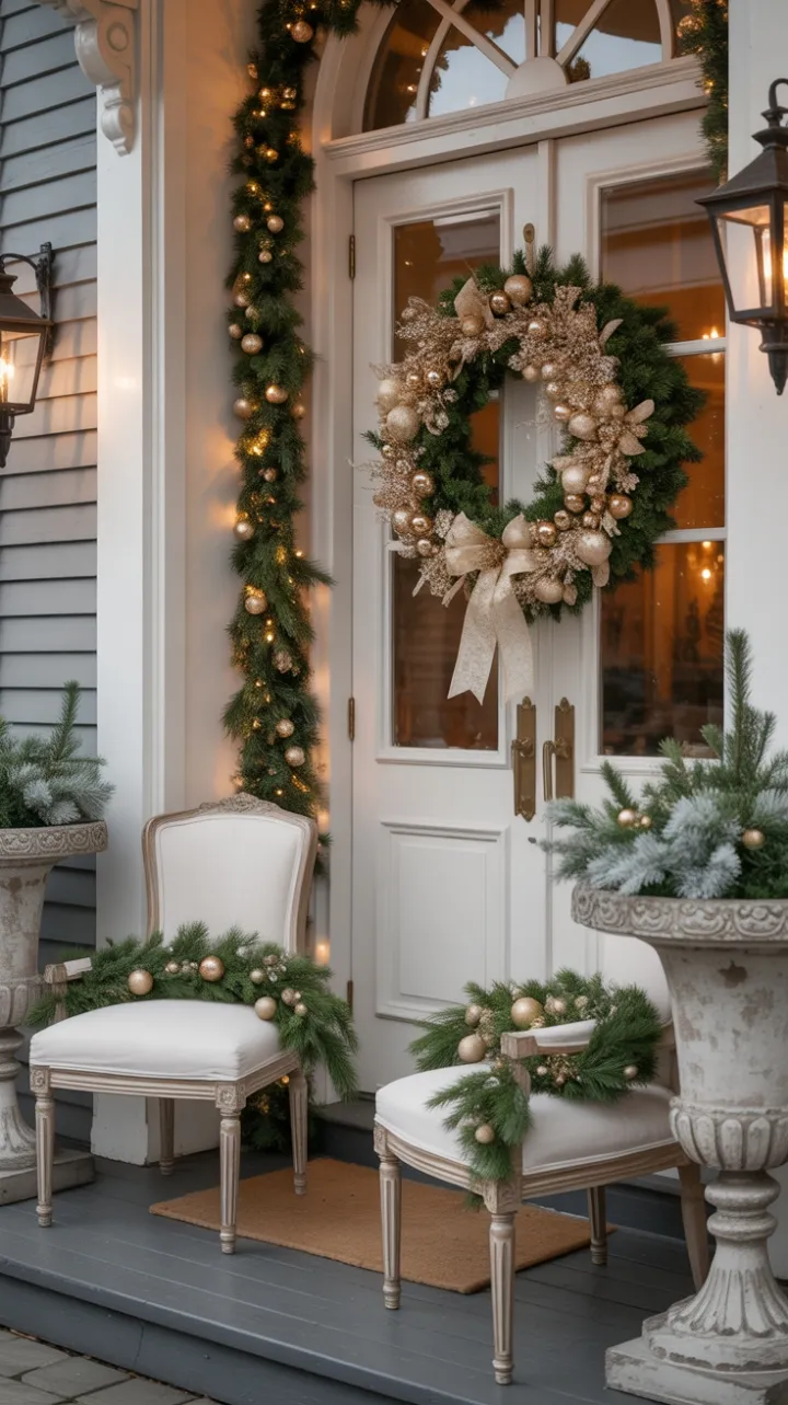 Elegant White and Gold Christmas Porch