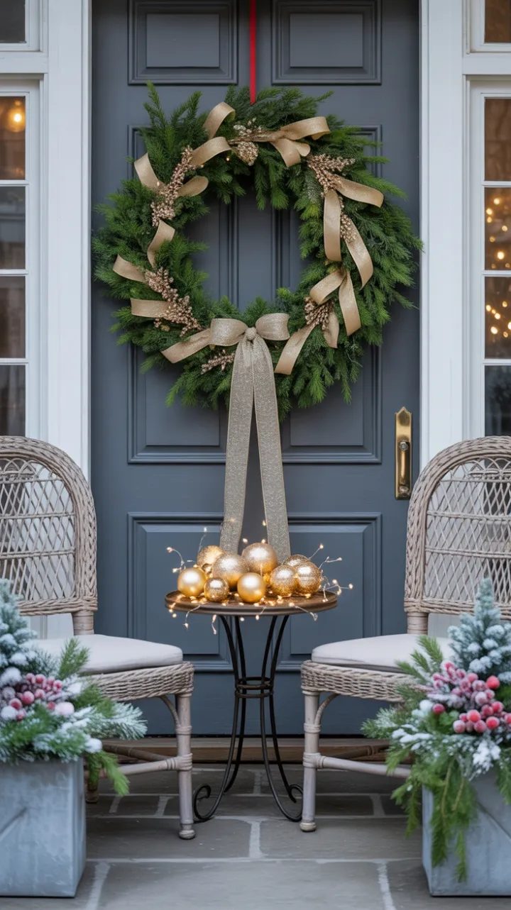 Golden Holiday Welcome on an Elegant Evergreen Porch