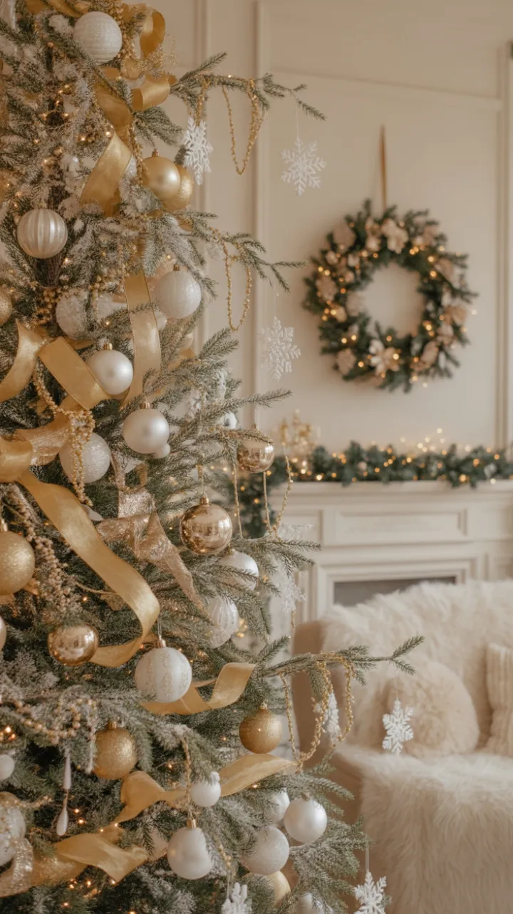 Golden Holiday Elegance in a Cream and White Living Room