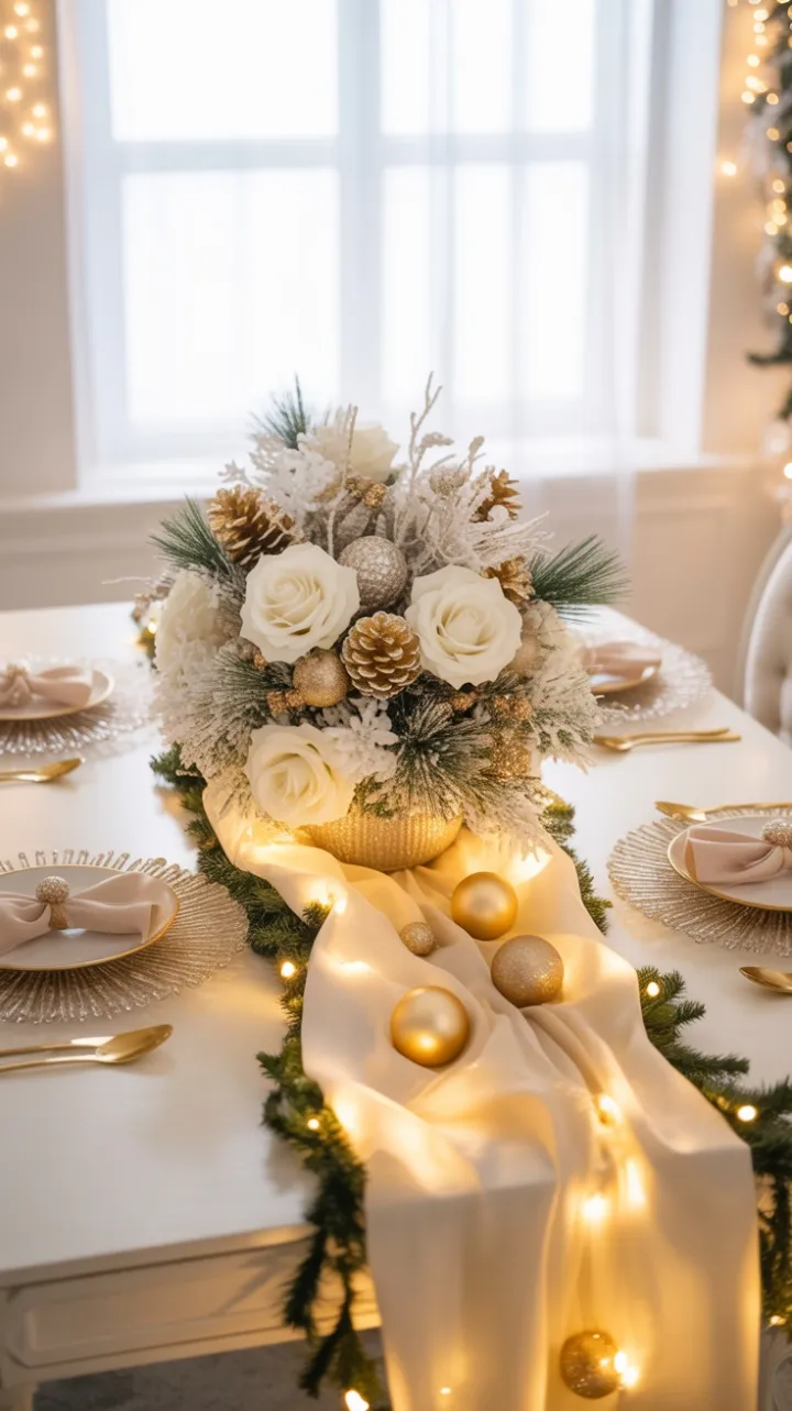 Ivory and Gold Holiday Table of Luminous Christmas Elegance