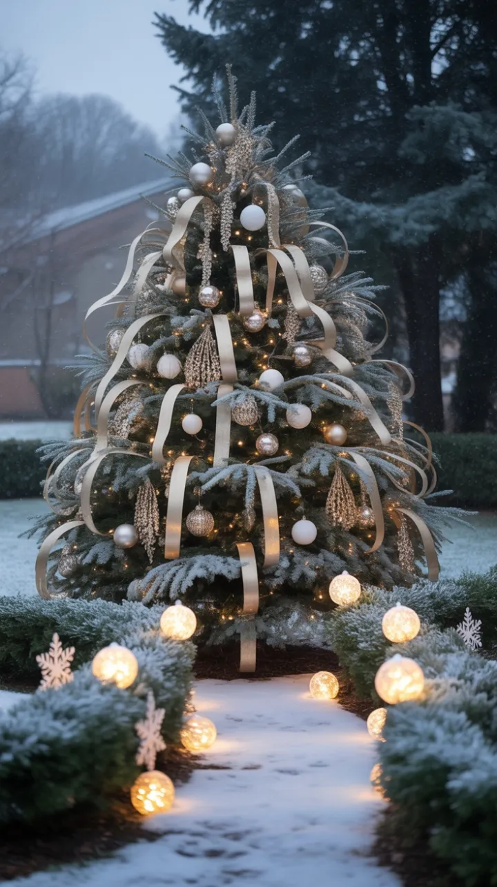 Snow-Kissed Evergreen Bathed in Golden Glow