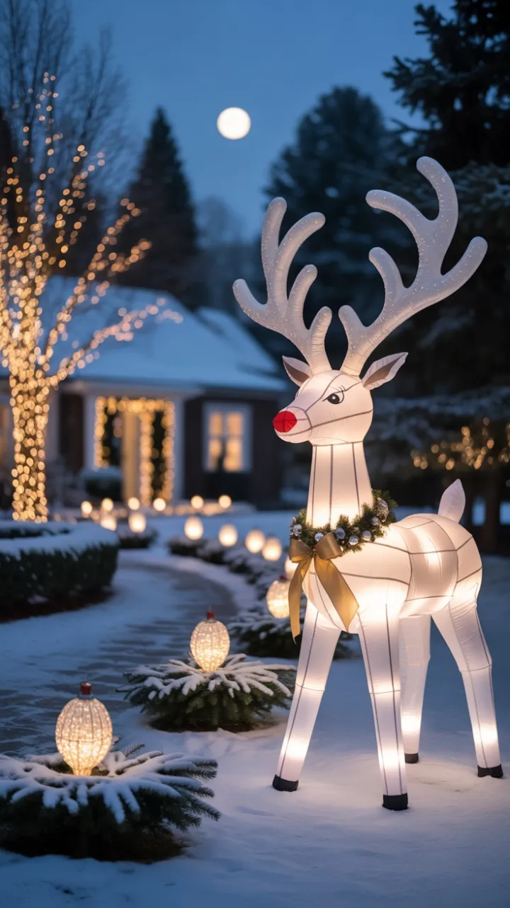 Moonlit Gilded Reindeer Welcomes a Snow-Covered Christmas