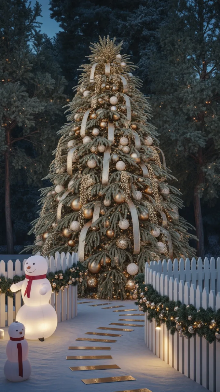 Golden Pathway to a Snow-Kissed Evergreen
