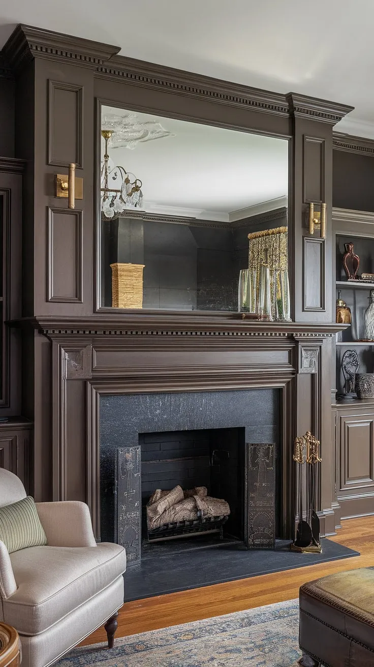 This traditional living room's elegant fireplace, a showstopper of dark sophistication against a contrasting fireplace wall, is the perfect example of decorative fireplace wall ideas.  The millwork above the fireplace, complemented by brass accents throughout, elevates the transitional fireplace ideas to new heights.  A strategically placed fireplace mirror adds depth and light to this stunning space.