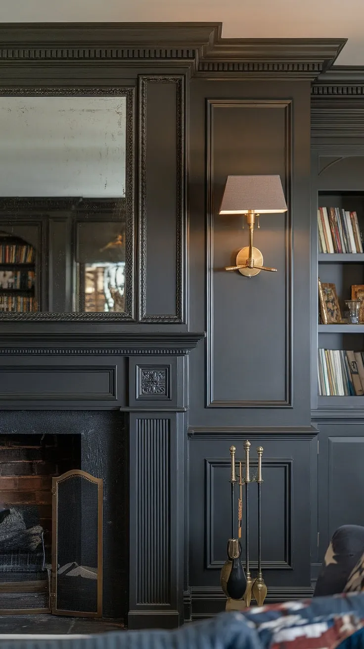 A dark living room fireplace becomes a focal point in this beautifully appointed room.  The living room with brass accents adds warmth, while the millwork above fireplace and contrasting fireplace wall create a dramatic yet inviting atmosphere.  Explore these decorative fireplace wall ideas and fireplace panelling ideas for your own transitional design inspiration. The fireplace mirror adds a touch of elegance.
