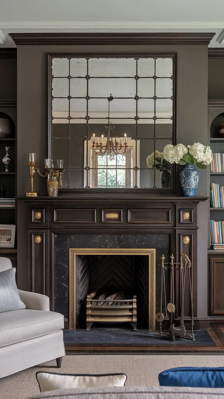 A dark living room fireplace, framed by intricate millwork and a contrasting fireplace wall, anchors this transitional design.  The elegant fireplace, complete with brass accents and a substantial fireplace mirror, offers a captivating focal point.  This stunning example of decorative fireplace wall ideas and fireplace panelling ideas transforms the traditional living room into a space of refined elegance.